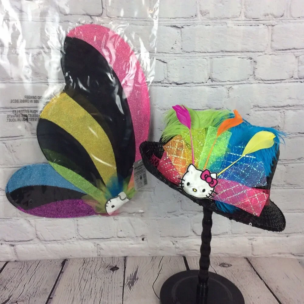 Hello Kitty Childs Black Sequined Fedora & Rainbow Sparkle Wings Cosplay Costume